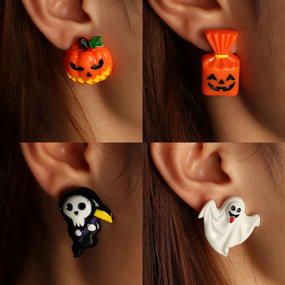 Fashion Halloween Simulation Plastic Ghost Face Pumpkin Ghost Death Ghost Festival Stud Earrings