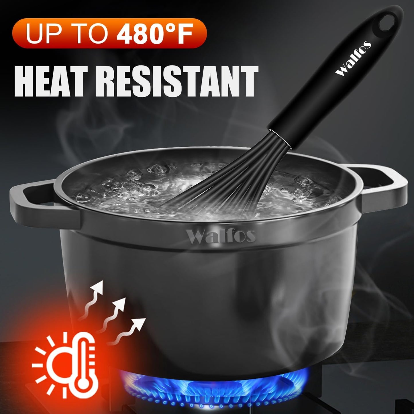 Silicone Whisk,Stainless Steel Wire Whisk Set of 3 -Heat Resistant 480°F Kitchen Whisks for Non-Stick Cookware,Balloon Egg Beater Perfect for Blending,Whisking,Beating,Frothing & Stirring,Black