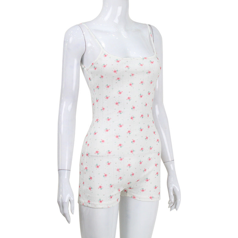 Women's New Spaghetti-strap Floral Print One-piece Shorts For Women