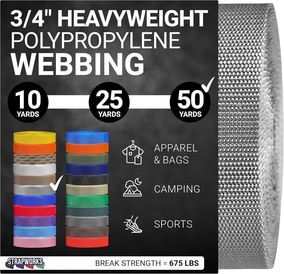 Heavyweight Polypropylene Webbing - Heavy Duty Poly Strapping for Outdoor DIY Gear Repair, 3/4 Inch