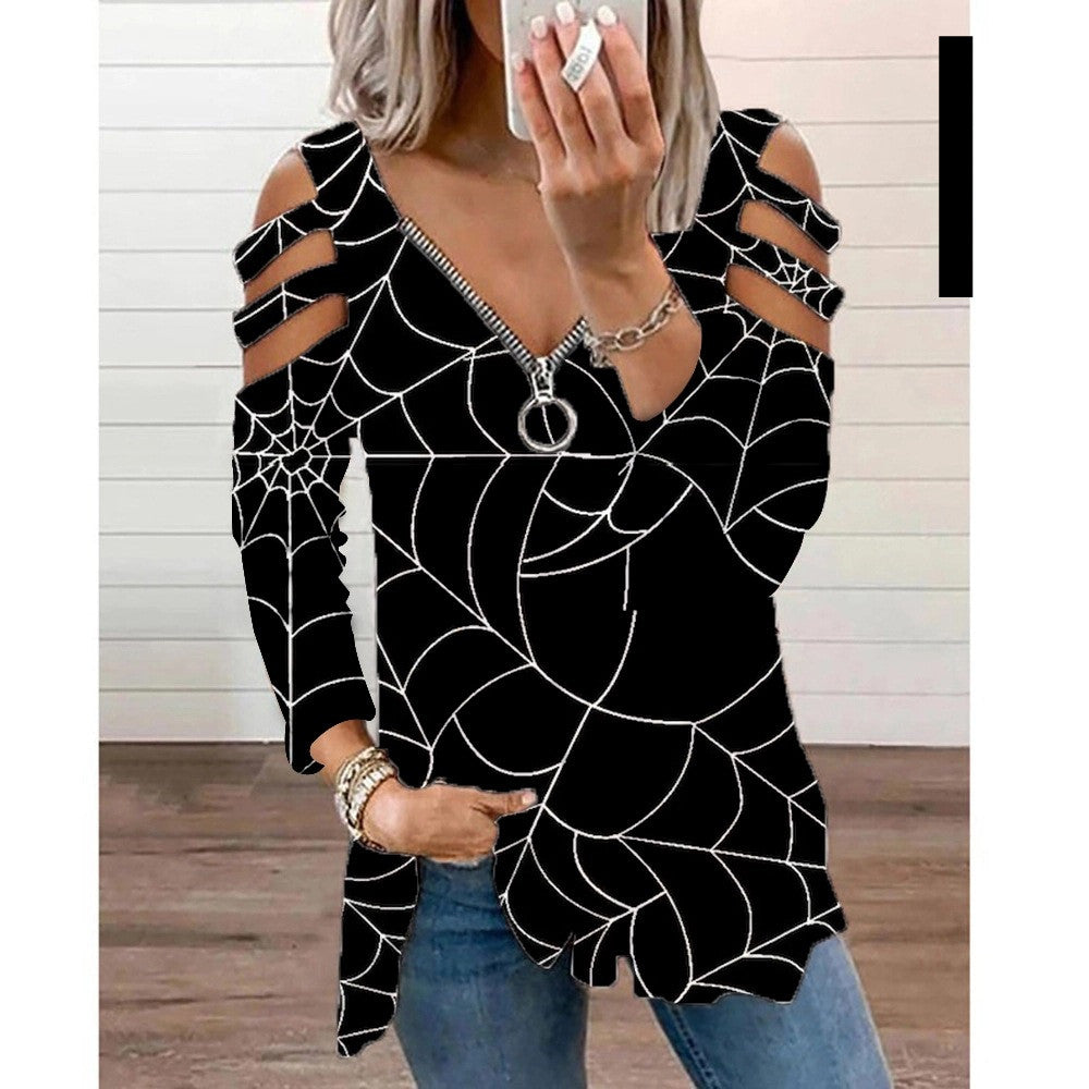 Halloween Theme Digital Printing Hollow V-neck Long-sleeved T-shirt