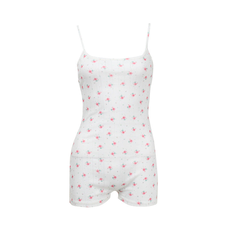 Women's New Spaghetti-strap Floral Print One-piece Shorts For Women