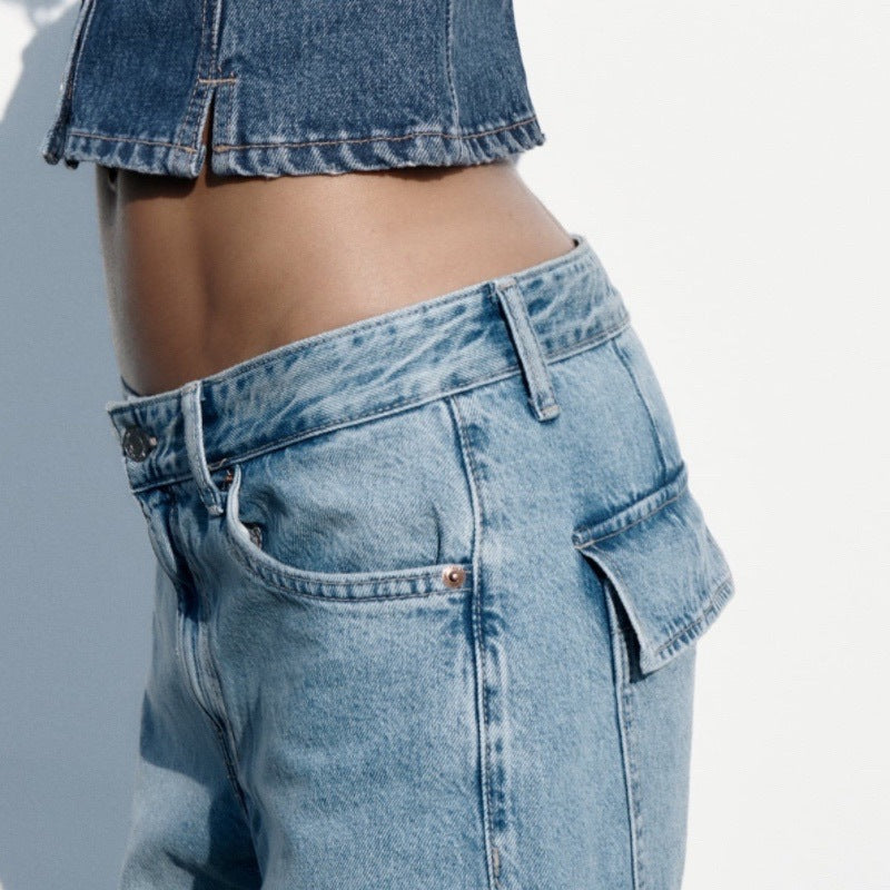 Women's Fashion Loose Strap Accessories Mid Waist Cargo Jeans