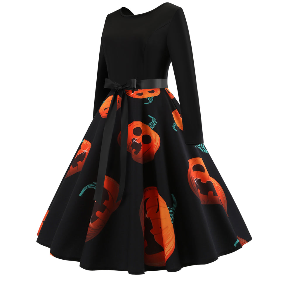 Halloween Digital Printed Patchwork Long Sleeves Swing Skirt