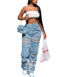 Women's High Waist Zipper Straight Ripped Jeans