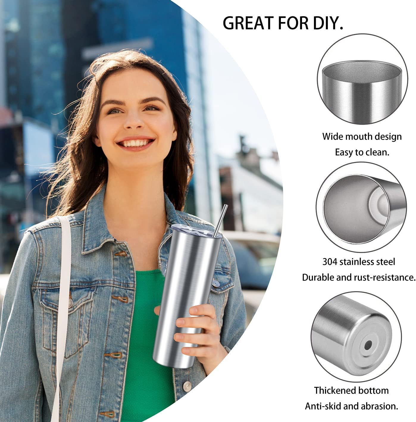 20 Oz Skinny Stainless Steel Tumbler Set with Lids, Insulated Slim Water Tumbler for DIY, Silver