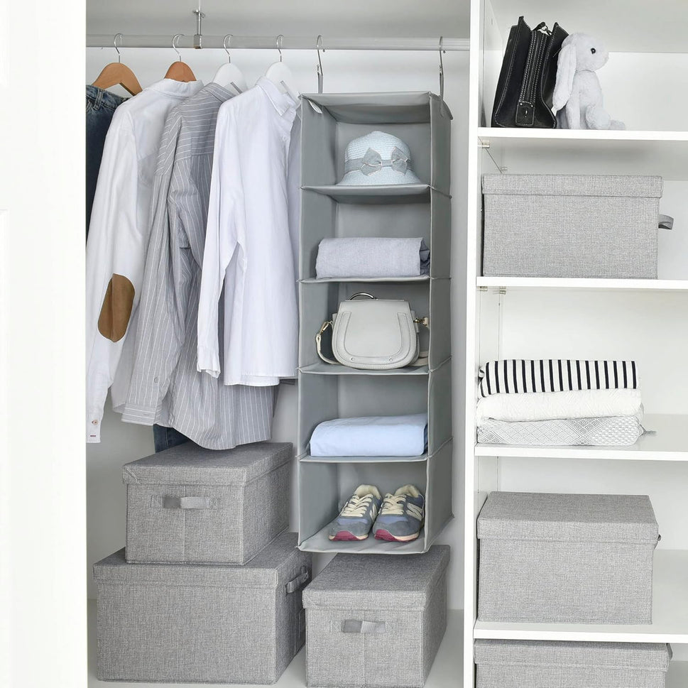 5-Shelf Hanging Closet Organizers and Storage, Hanging Shelves for Closet Storage, Collapsible Hanging Shelf Organizer for Clothes Organization, Light Gray, 12 ¼" D X 12 ¼" W X 45 ½" H