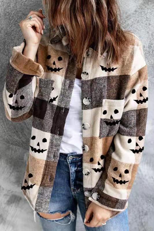 Halloween Check Print Long Sleeve Pocket Blouse