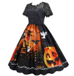 Halloween Party Lace Patchwork Positioning Print Short Sleeve Swing Dress