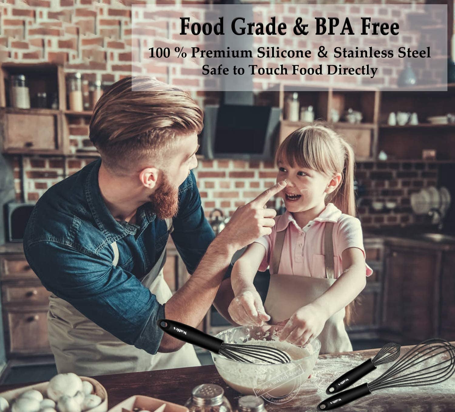 Silicone Whisk,Stainless Steel Wire Whisk Set of 3 -Heat Resistant 480°F Kitchen Whisks for Non-Stick Cookware,Balloon Egg Beater Perfect for Blending,Whisking,Beating,Frothing & Stirring,Black