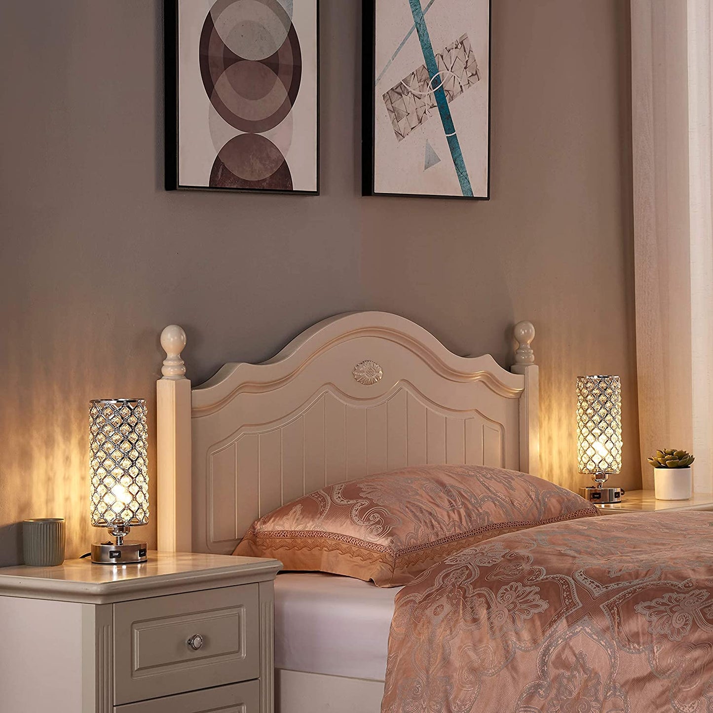 USB Crystal Table Lamps Bedside Lamps Set of 2, Modern Nightstand Lamps with Dual USB Charging Ports, Glam Bedroom Lamps Table Lamps for Bedroom, Living Room, Study Room and Office (Set of 2)