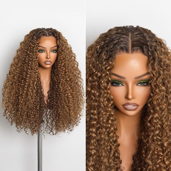 24" Golden Chestnut Curly HD Lace Wig, Human Hair Blend