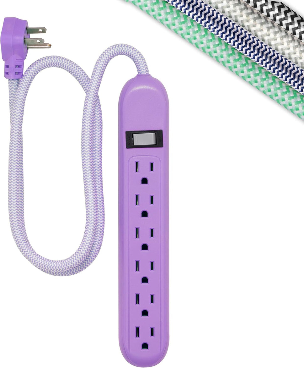6-Outlet Surge Protector, Power Strip, Flat Plug, Braided Cord, Decorative, 3 Ft Power Cord, Wall Mount, Tangle-Free, Warranty, Lavender, 41639