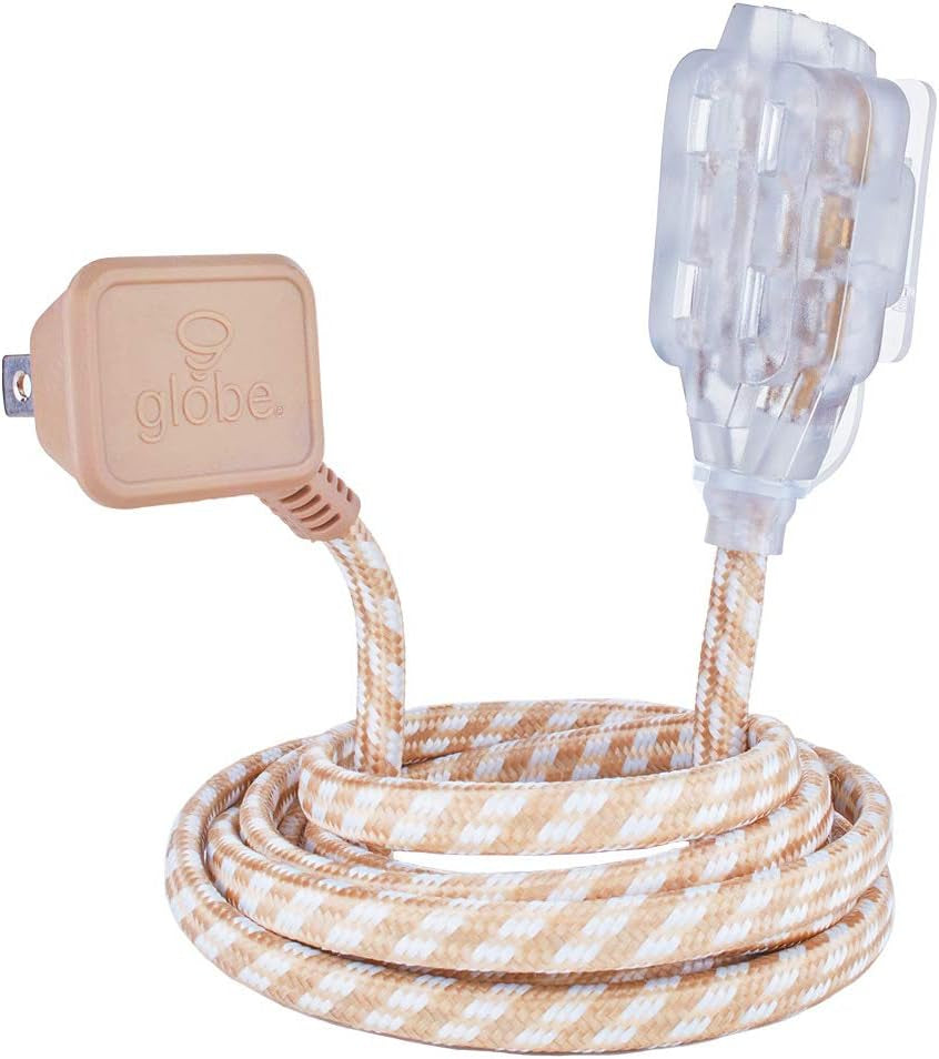 22836 Designer Series 9-Ft Fabric Extension Cord, 3 Polarized Outlets, Right Angle Plug, 125 Volts, Gold and White