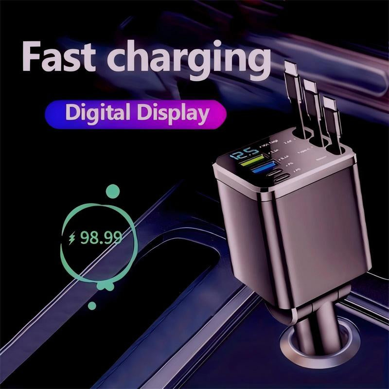 Nuokaiqi Car 8-In-1 Fast Charger with 3 Retractable Cables, 180° Direction Adjustment, LED Display, Compact Design, Premium Materials, Ideal for Road Trips