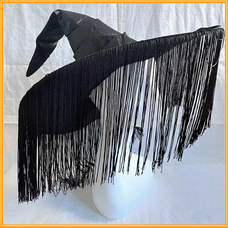 Purple Pleated Halloween Party Witch Adult Tassel Cover Face Mysterious Black Color & Pleats Curved Hat