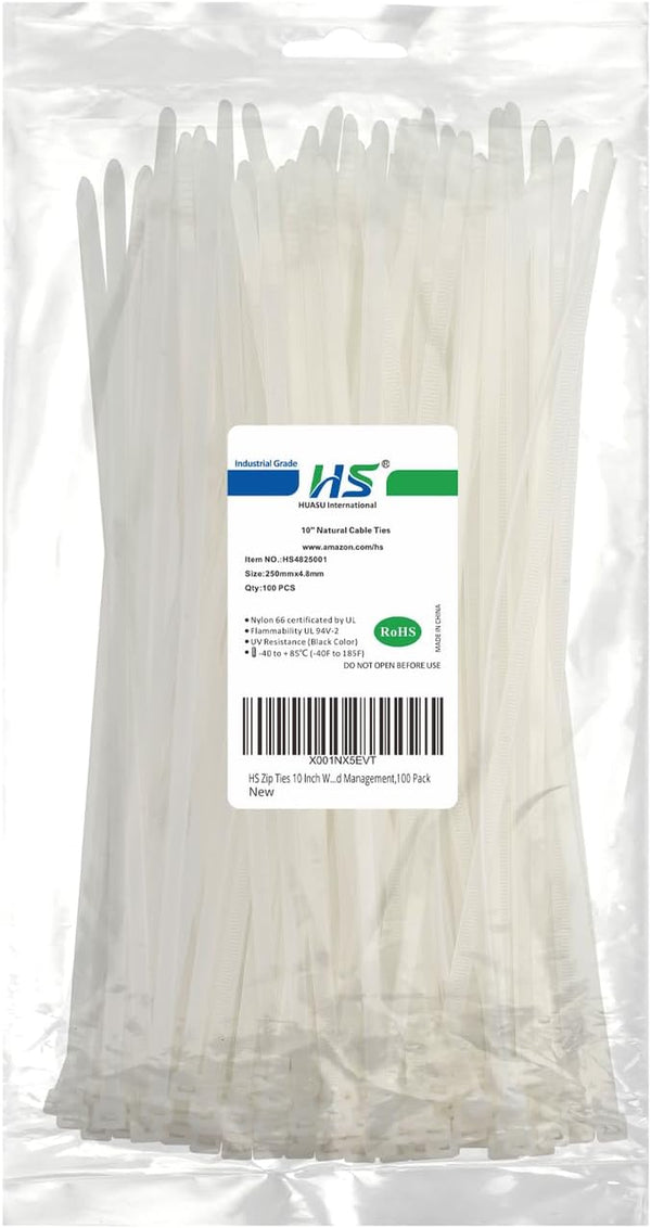 10" White Nylon Zip Ties, 50 lb, 100-Pack