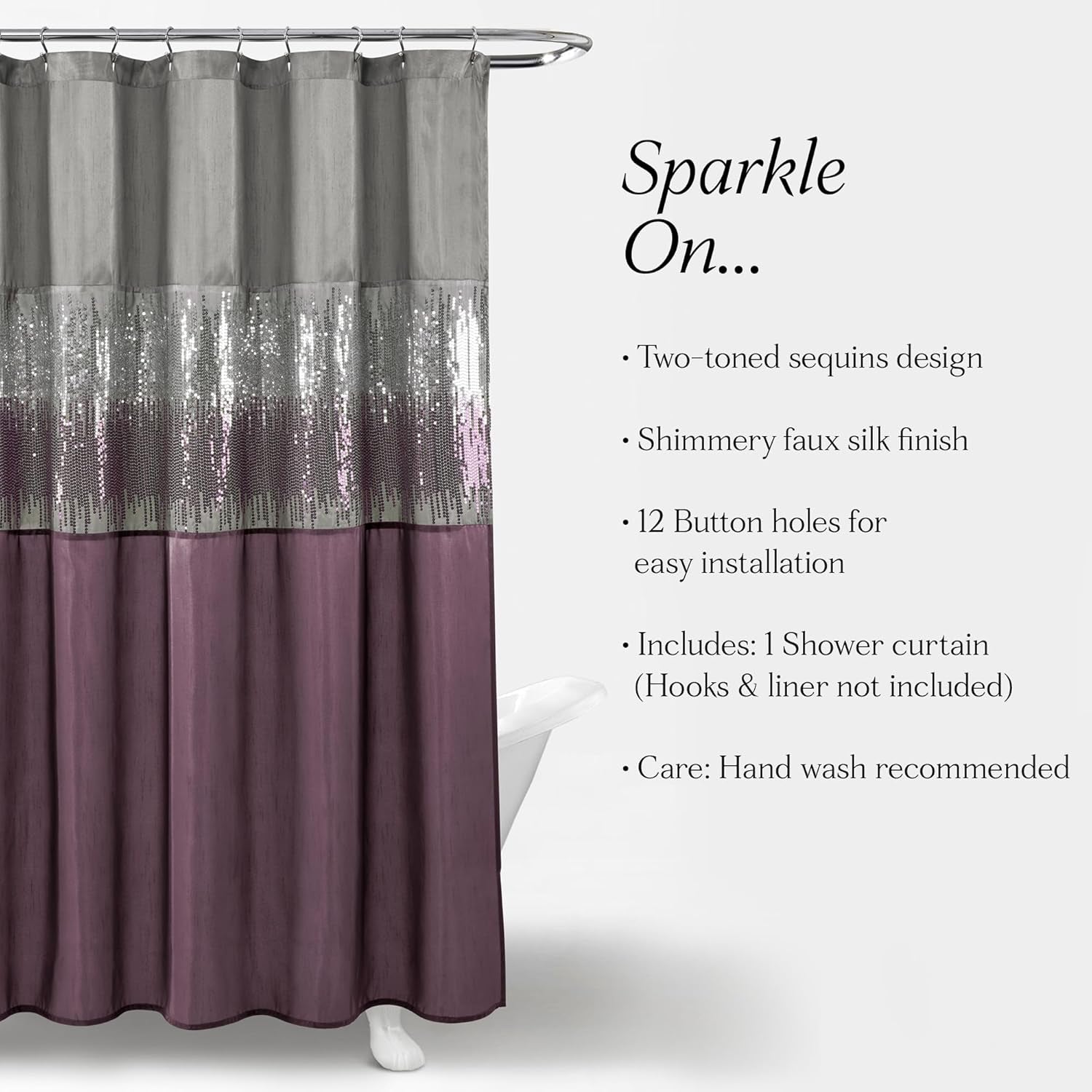 Night Sky Shower Curtain, Single, 72" W X 72" L, Gray & Purple - Sequin Shower Curtain - Sparkly Color Block Bath Curtain - Modern Glam Bathroom Decor