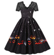 Halloween Party Lace Patchwork Positioning Print Short Sleeve Swing Dress