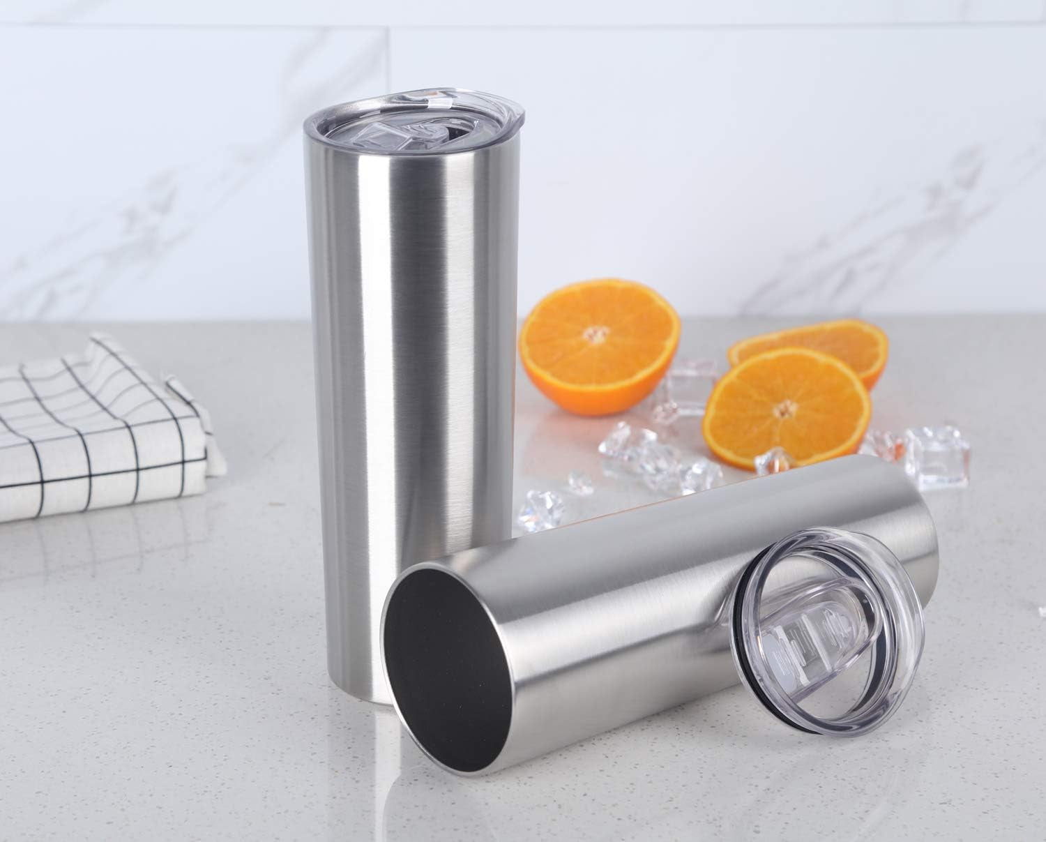 20 Oz Skinny Stainless Steel Tumbler Set with Lids, Insulated Slim Water Tumbler for DIY, Silver