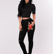 Women's Fashion Embroidery Ripped Black Denim Elastic Pants