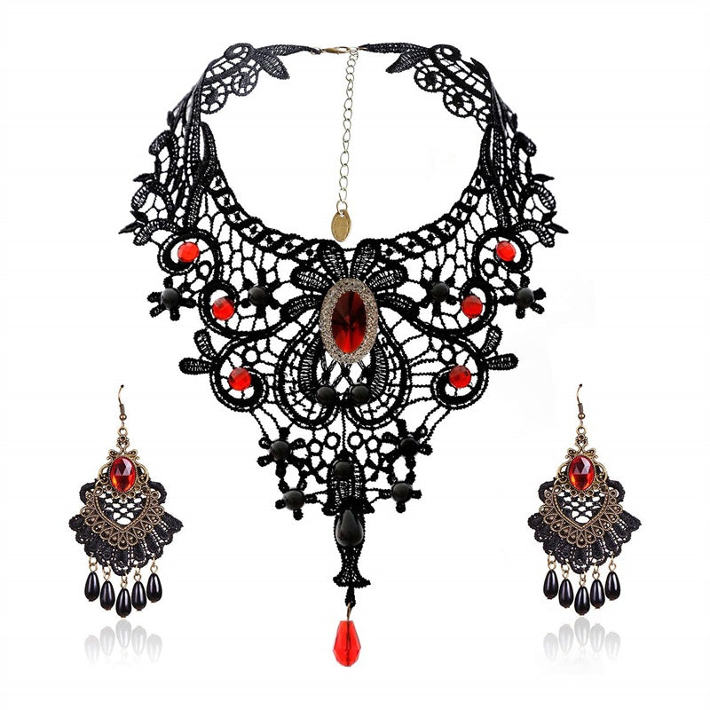European And American Style Black Clavicle Chain Retro Lace Female V-neck Flower Halloween Series