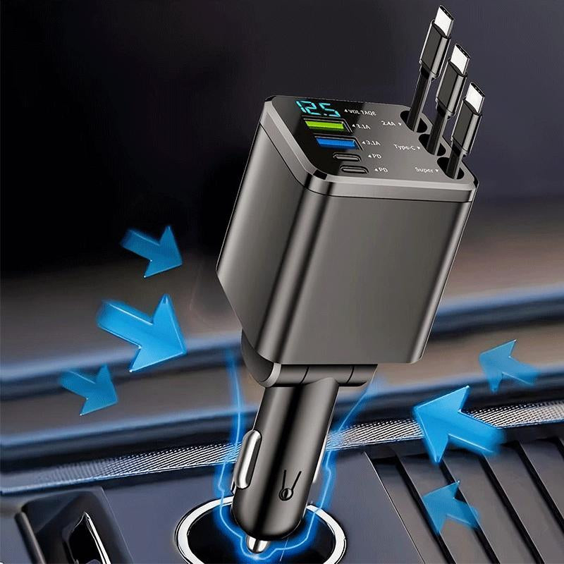 Nuokaiqi Car 8-In-1 Fast Charger with 3 Retractable Cables, 180° Direction Adjustment, LED Display, Compact Design, Premium Materials, Ideal for Road Trips