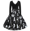 Halloween Burnt Flower V-neck Long-sleeved Sexy Print Big Swing Dress
