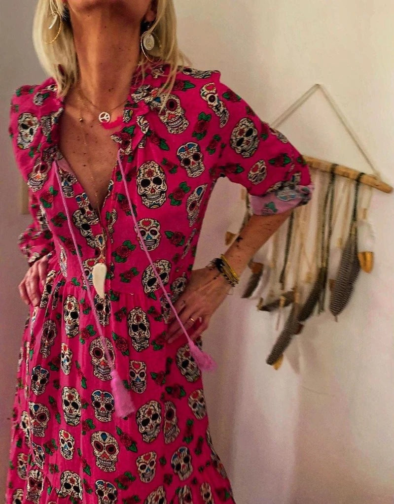 Halloween Skull Print Long-sleeved Big Dress