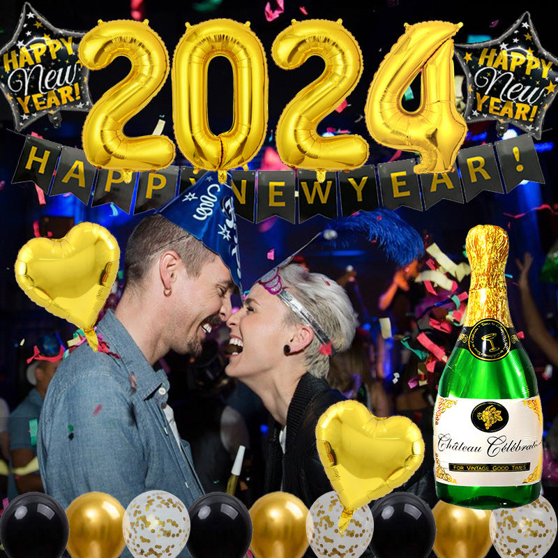 2024 New Year Party Balloon Set Wine Bottle Flag 32-inch Digital Balloon Combination Decorative Set