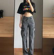 Retro Washed Gray Large Workwear With Pocket Jeans For Women
