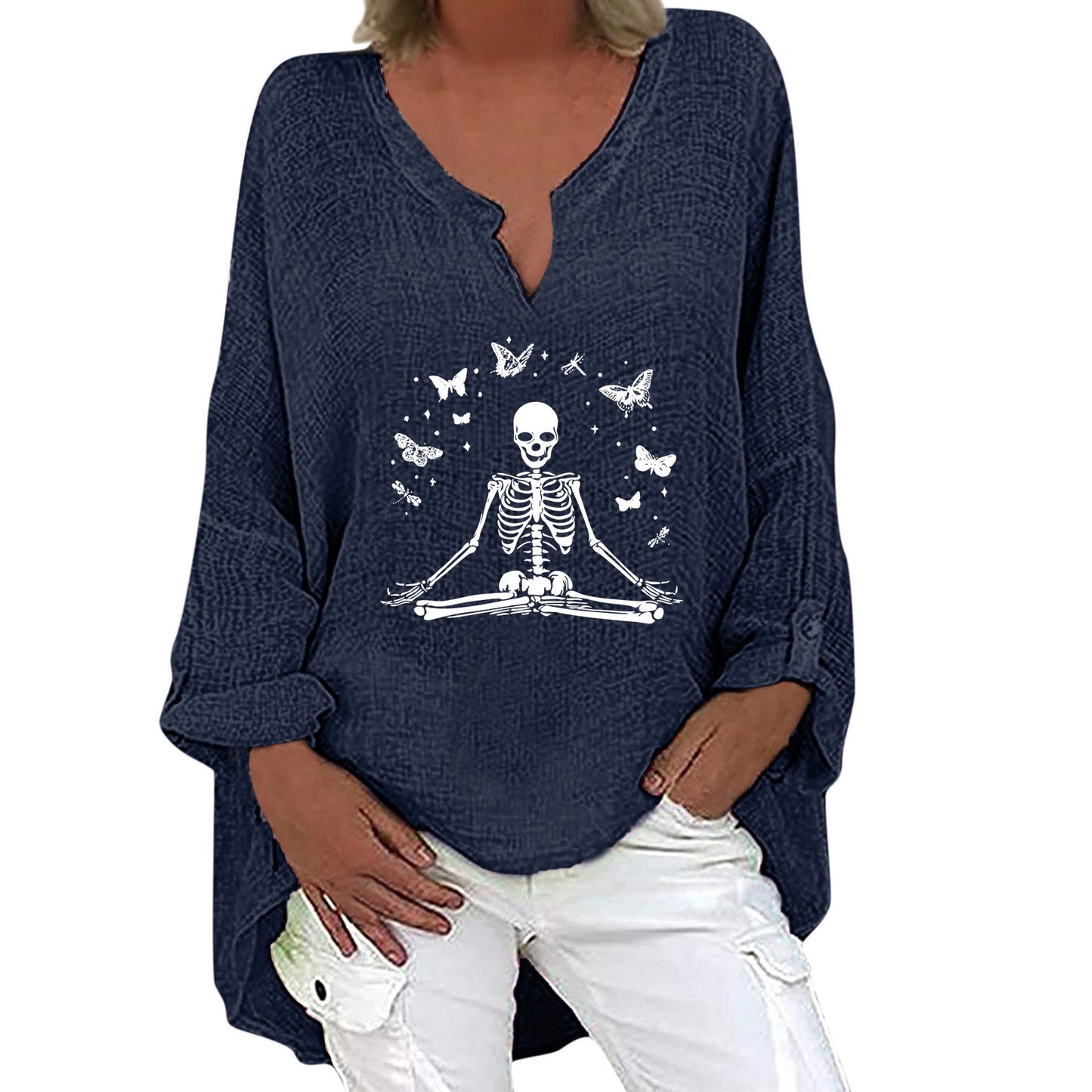 Halloween Themed Print V-neck Cotton Linen Long Sleeve Shirt For Women