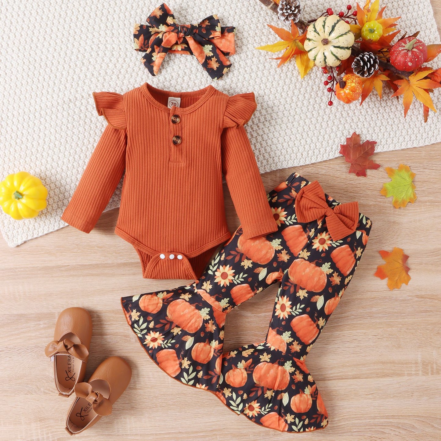 Halloween Autumn And Winter Infant Long-sleeve Jumpsuit Pumpkin Print Flared Pants Hair Band Girls' Suit