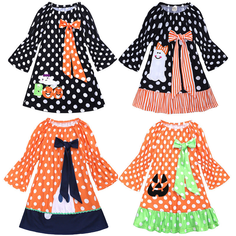 Long Sleeve Girls Halloween Dress Black Pumpkin Ghost