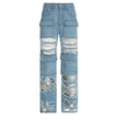 Women's High Waist Zipper Straight Ripped Jeans