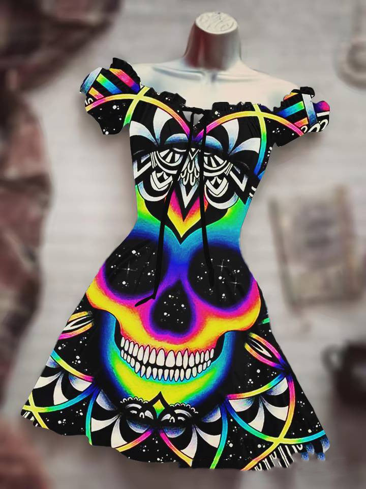 Halloween Print Drawstring Dress With Puffy Sleeves