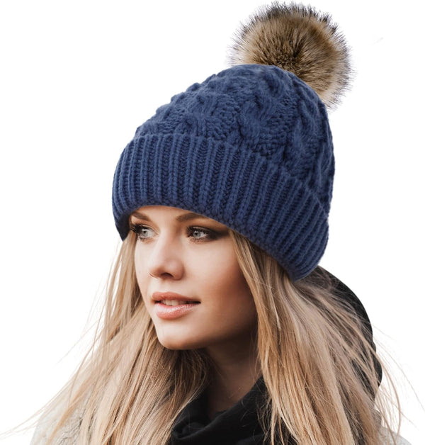 Women's Knit Beanie with Faux Fur Pom Pom