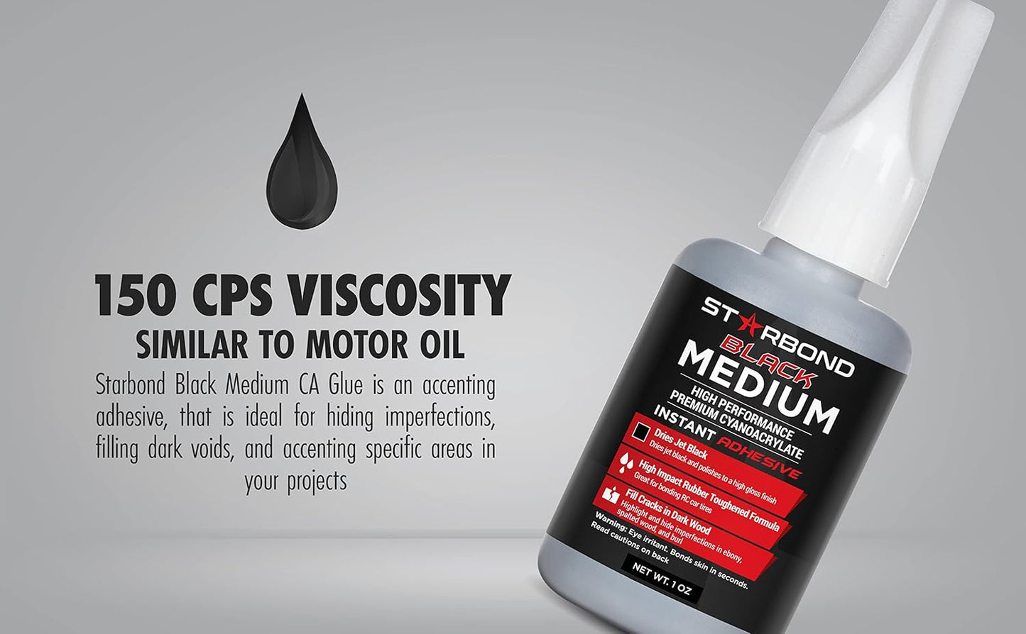 Premium Grade Cyanoacrylate (CA) Super Glue, Black Medium Crack Filler 150 CPS Viscosity Adhesive for Woodworking, Woodturning, Carpentry, 1Oz (28G)
