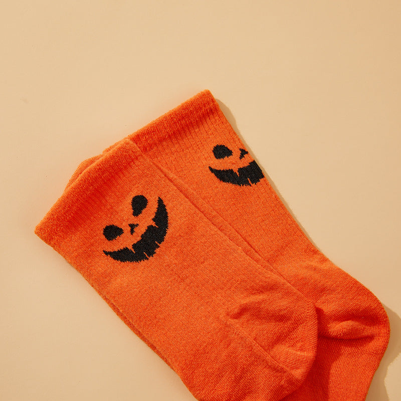Solid Color Pumpkin Face Vertical Pattern Mid-calf Halloween Funny Grimace Socks