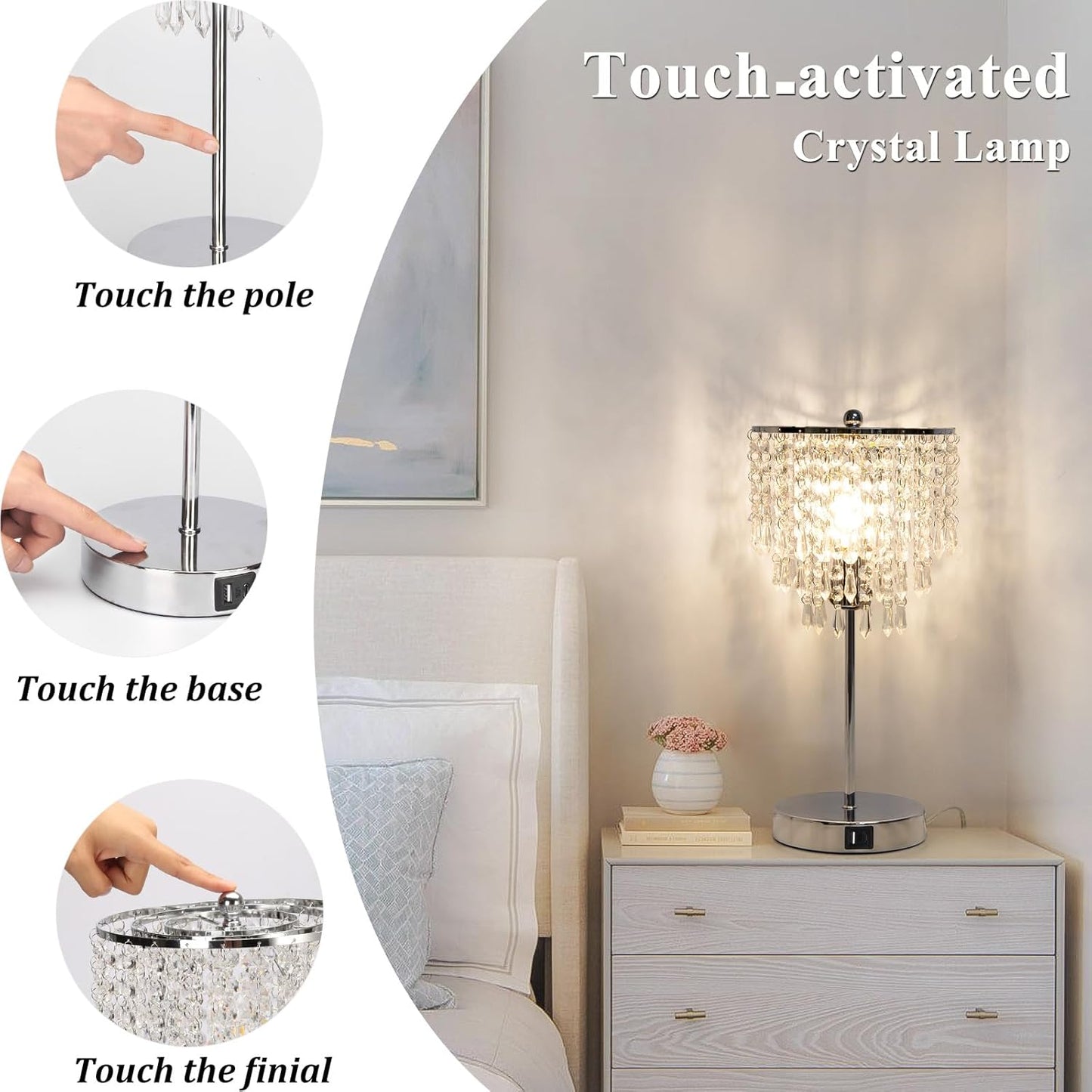 Touch Control Crystal Table Lamp with USB C+A Charging Ports, 3-Way Dimmable Bedside Touch Lamp Decorative Nightstand Lamp with Elegant Lampshade for Living Room Bedroom, B11 LED Bulb Included