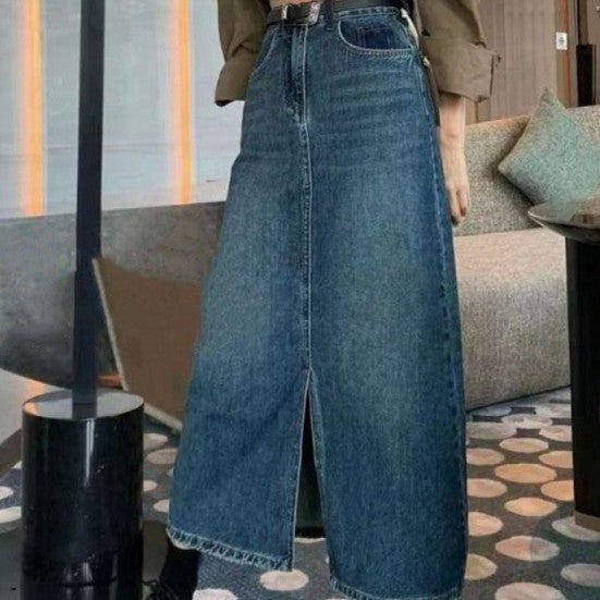 Plus Size Women's Denim Slit Sheath Skirt