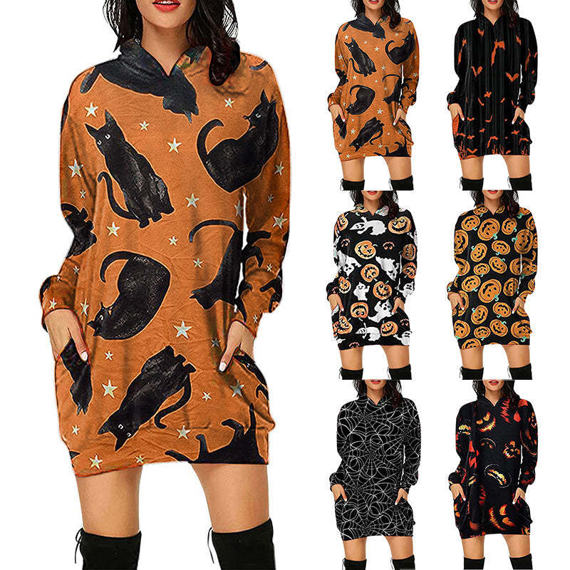 Halloween Theme Printed Casual Loose Mid-length Dress