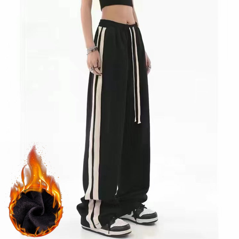 Brown American Retro Casual Pants Women's High Street Drawstring Velvet Padded Loose