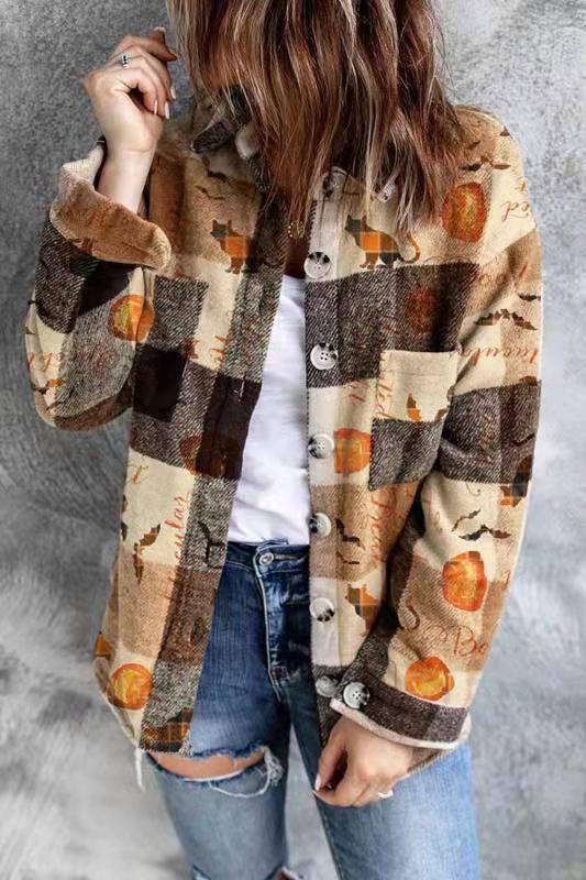 Halloween Check Print Long Sleeve Pocket Blouse