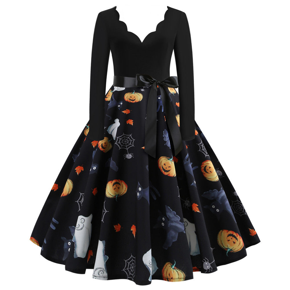 Halloween Burnt Flower V-neck Long-sleeved Sexy Print Big Swing Dress