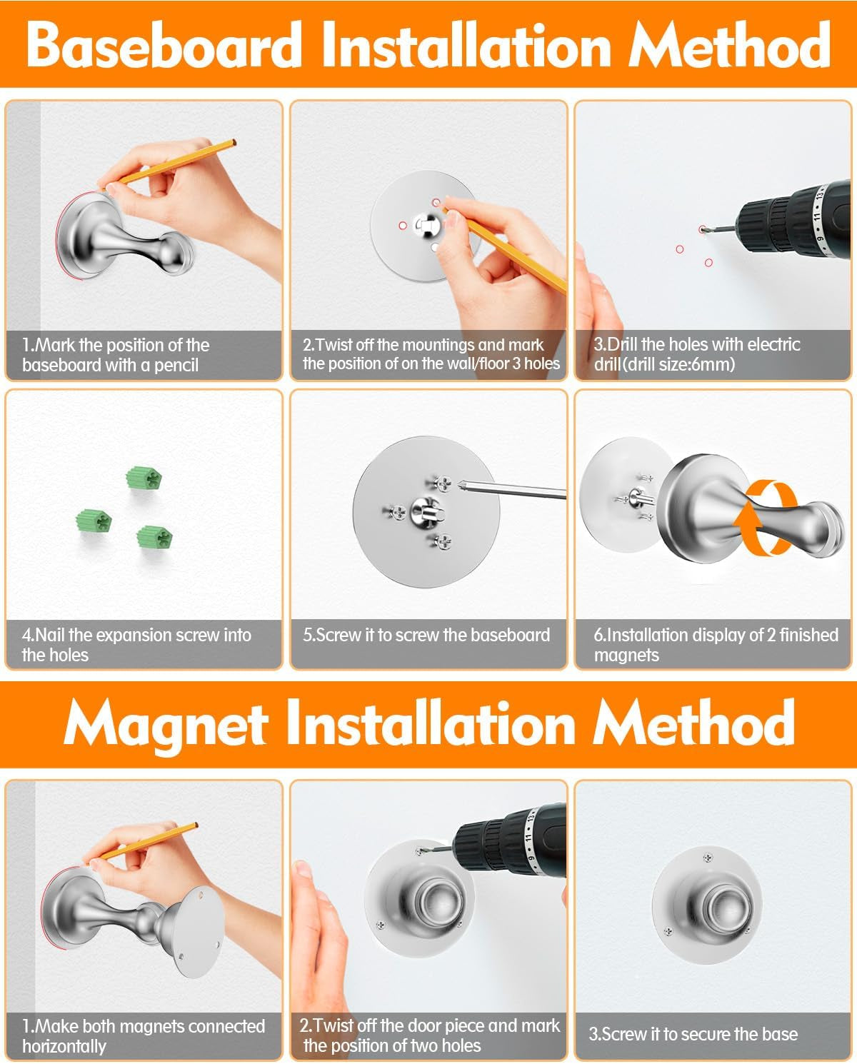 Door Stoppers Magnetic Door Catch, Stainless Steel Magnetic Door Stop 2 Pack, Double-Sided Adhesive Tape, No Drilling, Screws for Stronger Mount, Holder Your Door Open for Wide Doors