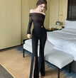 High Waist Black Draping Slit Bootcut Pants