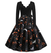 Halloween Burnt Flower V-neck Long-sleeved Sexy Print Big Swing Dress