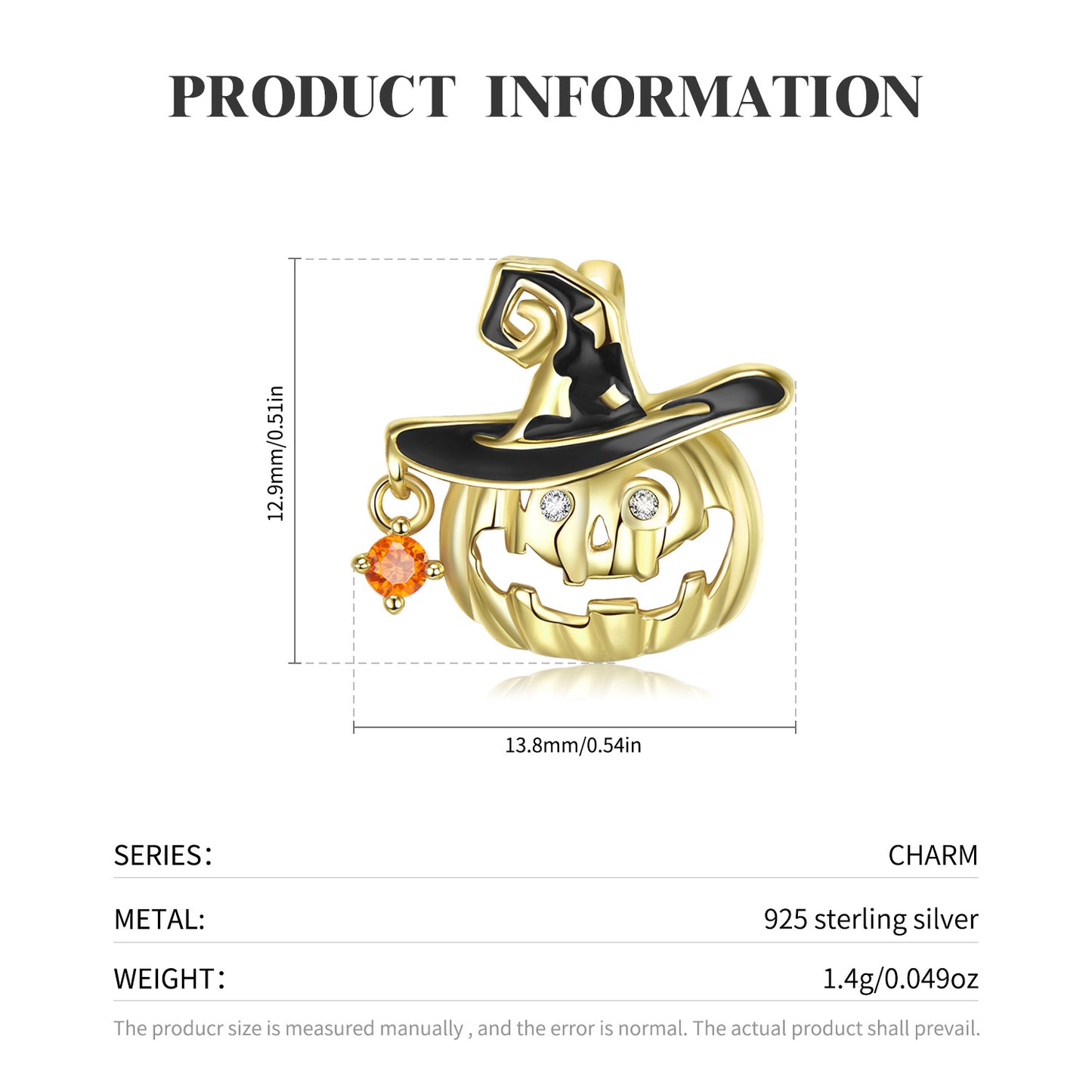 S925 Sterling Silver Gold-plated Magic Hat Pumpkin Beads Simple Hollowed Out Halloween Bracelet Diy Accessories