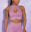 Stone Washed Rib Fitness Pants Women's Zipper Short Sleeve Bra